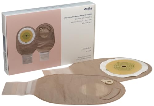 Areza Medical - One-Piece Open-Ended Drainable Colostomy & Ileostomy Bag with Velcro Closure, Carbon Filter & Exhaust Valve - 10 Bags per Box