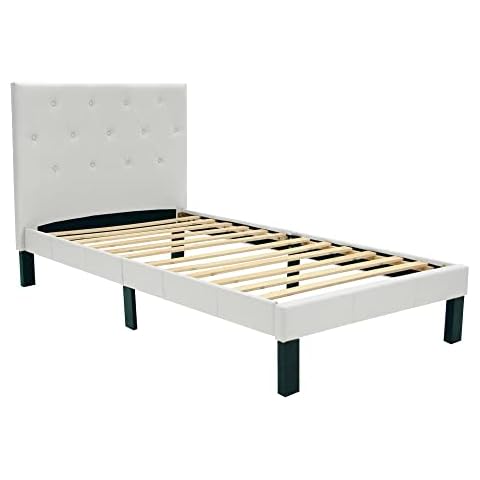 Poundex PU Upholstered Platform Bed, Twin, White Cover
