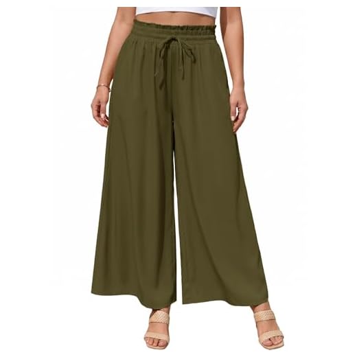 heekpek Pantalon Femme Grande Taille Baggy Leger Pantalon Fluide Femme Été Chic et Elegant Taille Elastique Pantalons avec Poches, Vert Militaire, 3XL