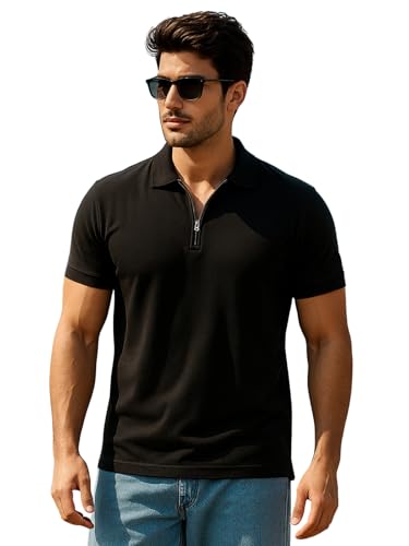 Image of Veirdo Men's Cotton Pique Polo | Premium Zip Neck Casual T-Shirt | Half Sleeve | Black Beauty, Serenity, Wheat, Zephyre