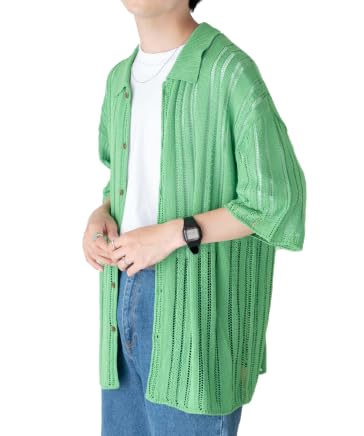 [ウィゴー] 男女兼用 メッシュ ニット BIG シャツ 半袖 トップス Tシャツ ゆったり ビッグシルエット 服 春服 夏服 春 夏 秋 メンズ L グリーン（Amazon）