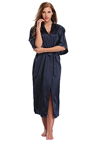 Kimono Art Women's Long Satin Robes Bride Bridesmids Pure Color Silky Sleepwear with Pockets Navy M