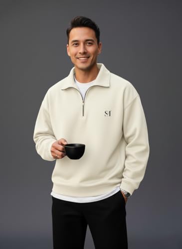 Image of SMOWKLY Men's Half Zip Sweatshirt | Oversized Winter Wear for Men | Mock Neck Quarter Zip Pullover | Full Sleeve Fleece Sweatshirt | Casual Streetwear | Warm Cotton Blend Upperwear for Men