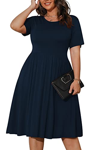 Image of POSESHE Womens Plus Size Summer Dress 2026 Casual Short Sleeve Empire Waist Loose Fit Swing T-Shirt Dress with Pockets