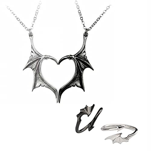 ZMJK Devil Angel Wing Open Adjustable Ring Punk Heart Shape Pendant Necklace Set Dragon Couple Ring for Women Men