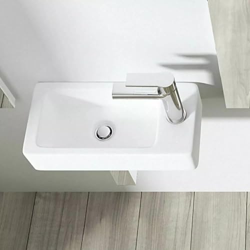 Modern Small Bathroom Sink Wall Hung, Ceramic Rectangle Cloakroom Basin, Compact Hand Wash Small Bowl Right Hand Tap Gloss White