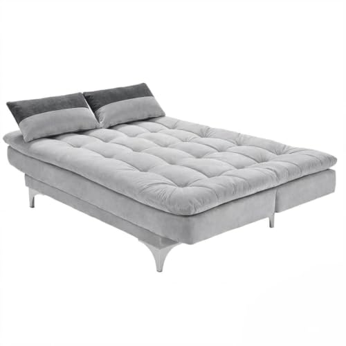 Image of FURNY Supersoft 3 Seater Fabric Sofa Cum Bed with Ottoman (Light Grey) Premium Velvet Finish with Extra 2 Cushions, Ideal for Living Rooms, Bedrooms, Offices