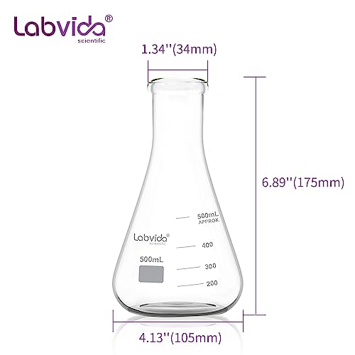 Labvida 4pcs of Vol.500ml Narrow Mouth Glass Erlenmeyer Flasks,3.3 Borocilicate with Printed Graduation, LVC004 - Thumbnail 7