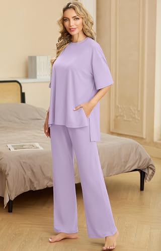 Image of PrinStory Womens Pajamas Sets 2 Piece Lounge Set Short Sleeve Tops and Long Pants Soft Pjs Loungewear with Pockets
