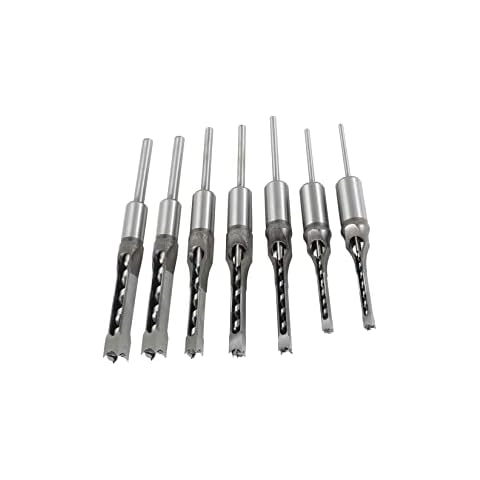 findmall 7Pcs Square Hole Drill Bit HSS Square Hole Saw Mortise Chisel Drill Bit Tools Wood Mortising Chisel Set Twist Drill Wood Hole Drilling Tool for Mortising Machines Drill Press Attachments Cover