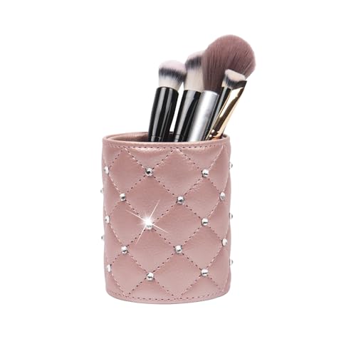 Nwvuop Round Makeup Organiser Brush Holder Leather Make up Brush Cosmetic Organizer for Lipstick, Lip Gloss, Eyeliner, Bedroom, Bathroom(Rose Gold)