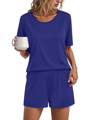 Image of Findsweet Pajama Set for Women 2 Piece Lounge Set Soft Sleepwear Summer Casual Short Pjs Sets with Pockets M-3XL