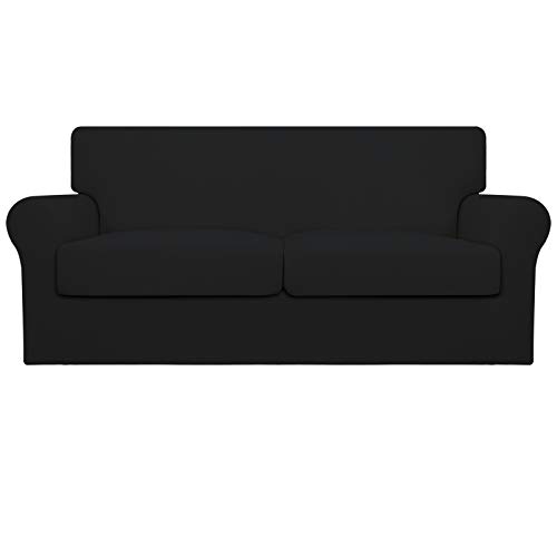 Image of Easy-Going Stretch Oversized Loveseat Couch Cover for 2 Cushion Washable | Sofa Slipcover for Stretch 2 Separate Sectional Cushion Couch - Furniture Protector for Pets, Kids Black