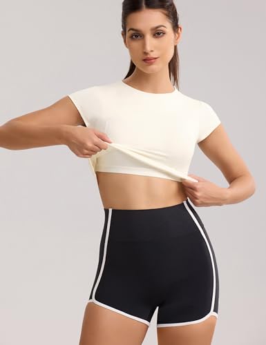 Image of ENERBLOOM Workout Crop Tops for Women Yoga Short Sleeve Removable Bra | Slim Fit, Mild Support, Crop T-Shirt, Mock Neck, Soft Comfort, High-Stretch, for Yoga,Gym & Daily Wear