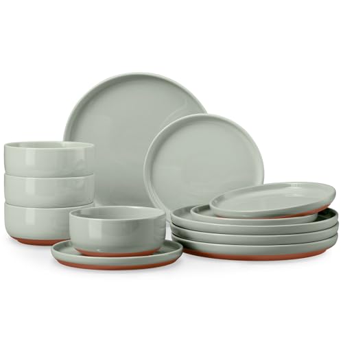 E-far Plates and Bowls Sets, 12Pcs Stoneware Ceramic Dinnerware Dishes Sets