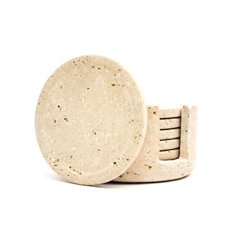 Marble Coasters Set of 6 with Holder Travertine 3.5 Inch Round