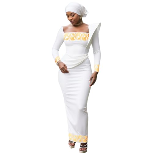 Image of African Dresses for Women High Waist Embroidery Elegant Traditional Midi Dress with Headscarf
