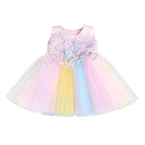 Preisvergleich Produktbild Livoral Mädchen ärmelloses gestreiftes Regenbogen-Ballettröckchen-Blumenmä... Birthday Party Beauty Apparel(Rosa,90)