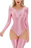 Ausing Women's Shiny Long-Sleeve Leotard Glossy Oil Tights Bodycon Triangle Bodysuit for Nightwear - Pink XL