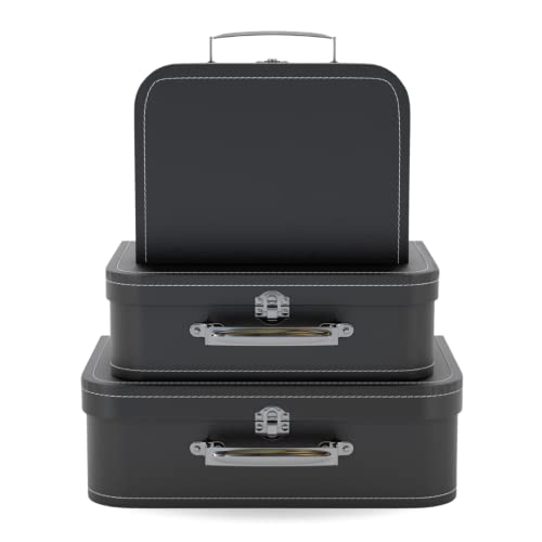 Soul & Lane Decorative Suitcase Storage Boxes with Handle, Set of 3 Cardboard Suitcase Boxes with Lids, Black Vintage Luggage Prop Travel Decor for Home, Travel Themed Party Decorations