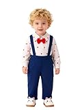 Jydiazi Baby Junge Outfit Festlich Fliege Herzdruck Langarm Hemdbody Hosenträger Hose Hochzeit Taufe Gentleman Set Weiß&Blau 62-68