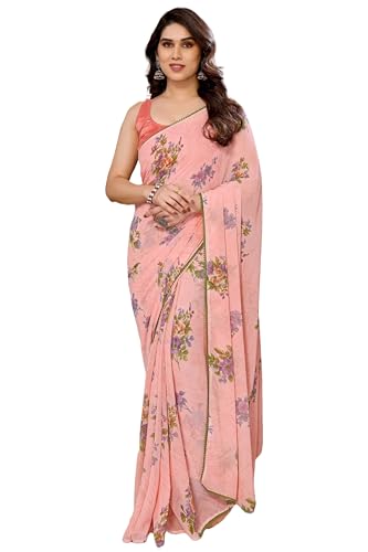 Image of Panzora Women's Georgette Printed Ready To Wear One Minute Saree With Unstitched Blouse Piece