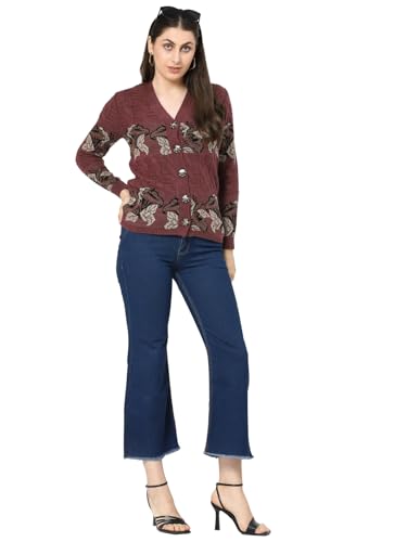 Image of Kalt Women Sweater for Winter Woolen Acrylic Full Sleeves V Neck Floral Design Cardigan Sweater for Women
