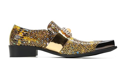 Santimon Men's Slip On Shoes Penny Loafers - Genuine Leather Dress Shoes with Yellow Gemstones & Metal-Square Toe for Wedding, Party, Disco & Bar3
