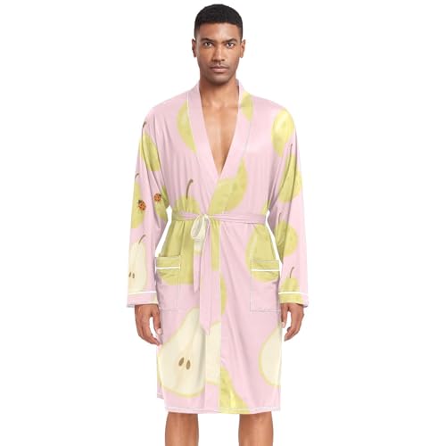 OTVEE Pear and Ladybug Patterns Mens Night-Robe Lightweight Soft Bathrobe Sleepwear with Pockets