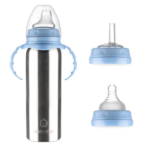 Hamarue 3-in-1 Stainless Steel Baby Bottle – Newborn to Toddler Sippy and Straw Cup, Leak-Proof...