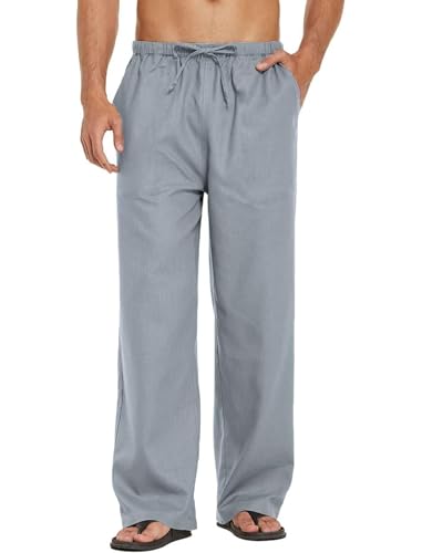 Image of CB-COLEBROOK Mens Casual Linen | Elastic Waist | Drawstring Summer Beach Yoga Linen Trouser | Loose Fit Pyjama Pants for Man
