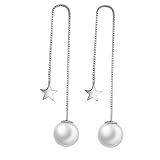 Beaupretty Pendientes Largos de Plata con Perlas y Estrellas Diseño Elegante Línea para Mujer Joyería para Fiestas y Diario