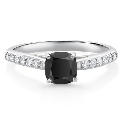 Gem Stone King 10K White Gold Gemstone Birthstone and Lab Grown Diamond Engagement Ring For Women | Cushion 5MM | Wedding Anniversary Promise Ring For Women | Available in Size 5, 6, 7, 8, 9