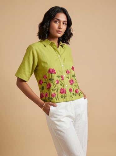 Image of Stylish Women's Embroidered Shirts | Geometric Pattern Half Sleeve Collared Button-Up Casual Shirt for Women