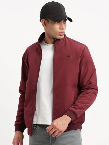 Image of SHOWOFFFF Men Solid Bomber Jacket | Mock Collar Full Sleeves Nylon Jacket for Mens | Slim Fit Regular Length Jacket for Men's