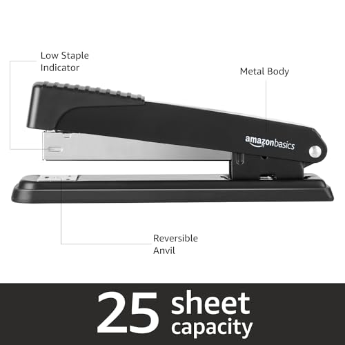 Amazon Basics Full-Strip Metal Office Desktop Stapler, 20 Sheet Capacity, Non-Slip, Black, 3-Pack view 2