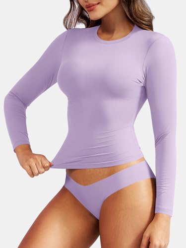 VOYJOY Women Slim Fit Long Sleeve T Shirts Crew Neck Double Lined Fitted Basic Crop Top Sexy Trendy Going Out Top4