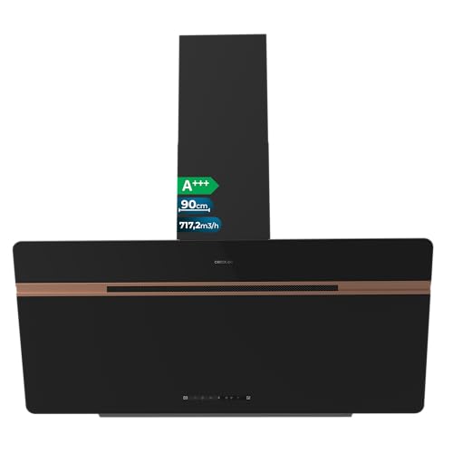 Cecotec Hotte Aspirante Décorative 90 cm Bolero Flux DT 907500 Matt Black A+++. Verre Mat et Brillant avec Détails en Cuivre, Aspiration 717,2 m³/h,...