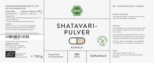 Shatavari Kapseln BIO | 180 Stück vegane Kapseln | 1500 mg je Tagesdosis | ohne Zusätze | in Deutschland hergestellt | bioKontor