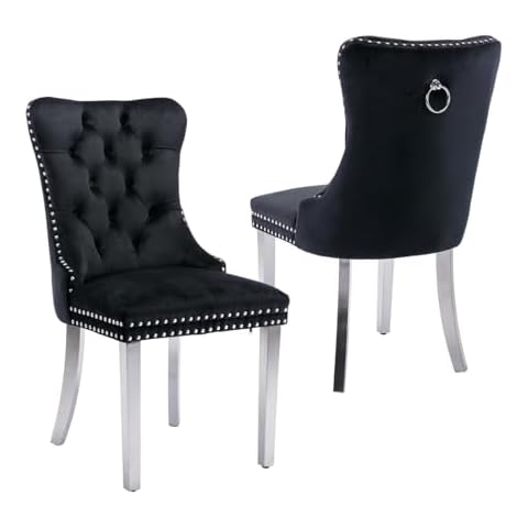 Rhomtree Dining Room Chairs with Velvet Fabric Dining Chairs with Chrome Stainless Steel Plating Legs, Backrest and Button Velvet Fabric Design,Luxury Home Furniture for Dining Room(Black Set of 2) Cover