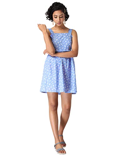 Image of FabAlley Women's Cotton Blue Floral Strappy Back Tie Dress Mini
