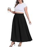 Lastshe Plus Size Maxi Skirts for Women Casual Elastic High Waisted Hide Drawstring Flowy A-line Long Skirt with Pockets,Black,3X