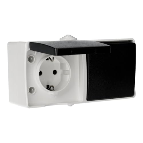 Jandei - Doble Mecanismo Superficie, Estanco para Exterior, Resistente al Agua IP54, 10A 250V (Enchufe Schuko + Interruptor)