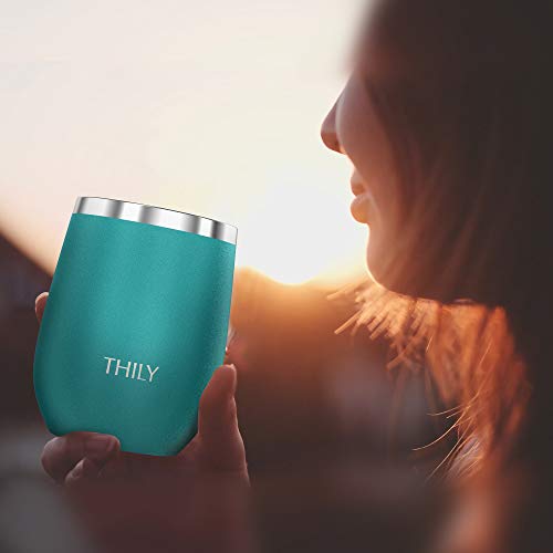 Thily Stainless Steel Stemless Wine Glass T1 Triple Vacuum Insulated Travel Wine Tumbler Cup With Lid And Reusable Straw, 12 Oz, Keep Drinks Cold Or Hot, Teal #TOP4