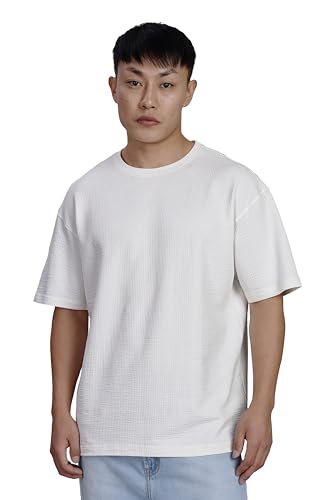 Image of FYLTR Men's Casual Textured Round Neck T-Shirt - Oversize Fit | Stretch Cotton Fabric | Half Sleeves | Soft & Stretchable | Oversized T-Shirts for Men | Loose Fit T-Shirts for Men