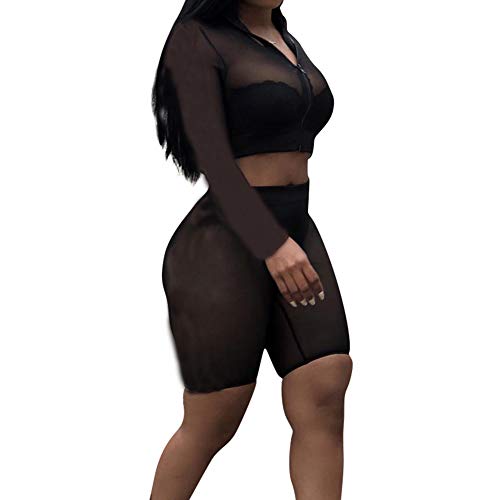 Women Sexy Mesh Bodycon Leotard Romper Crew Neck 2 Piece Jumpsuit Playsuit Bikini Cover Up Lingerie Set (Xxl, Black Zipper) #TOP2