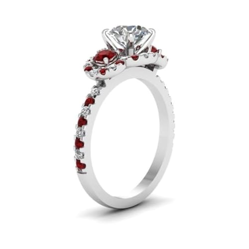 Image of 55Carat Choose Your Gemstone Delicate 3 Stone Halo Diamond CZ Ring Sterling Silver Round Shape Halo Engagement Rings Everyday Jewelry Wedding Jewelry Handmade Gifts for Wife US Size 4 to 12