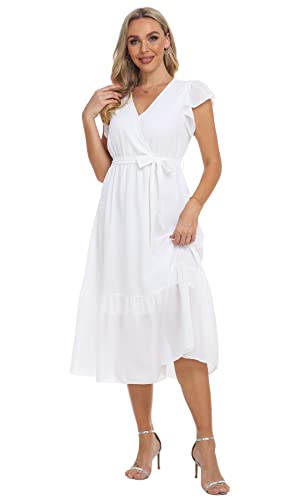 Image of VintageClothing Womens Sundress Casual Floral Summer Boho Dress | Flowy Wrap V Neck Ruffle A-Line Pleated Hem Midi Dresses