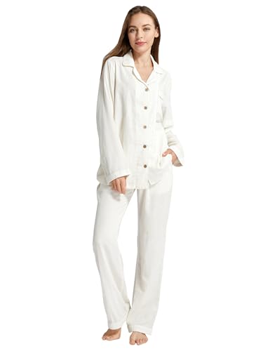Image of Womens Muslin Pajama Set 100% Cotton Double Gauze Linen Like | Breathable Soft Comfort Button Up Loungewear Sleepwear PJ Set