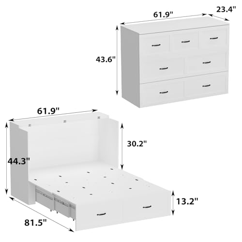 ECACAD Multi-Functional Murphy Cabinet Bed, Queen Size Bed Frame Murphy Chest with Built-in Power Strip & Drawers, Queen Foldable Platform BedFrame, White